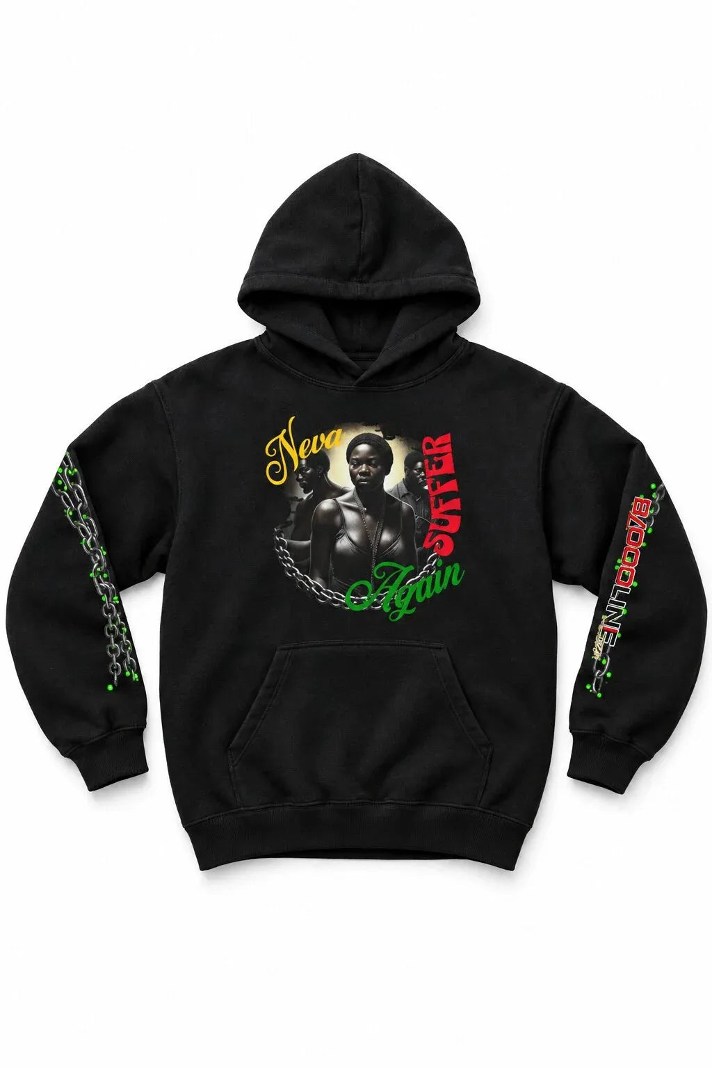 A black pullover hoodie featuring a graphic print on the front with a portrait of a man, the words 'Never Suffer' in yellow and red, and green chain details on the sleeves.